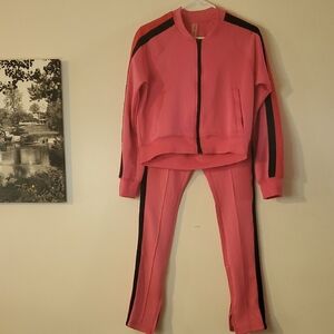 The Set Pink Track Suit Size Small Neo Knit Scuba Fabric Black Red Pink Stripes